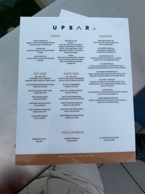 Menu at UPBAR, St. Louis .